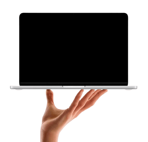A hand holding up a MacBook running Angel's manager dashboard